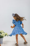Little Girl's White Floral Print Chambray Pinafore Style Twirl Dress