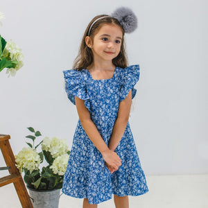 Little Girl's White Floral Print Chambray Pinafore Style Twirl Dress ...