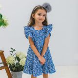 Little Girl's White Floral Print Chambray Pinafore Style Twirl Dress