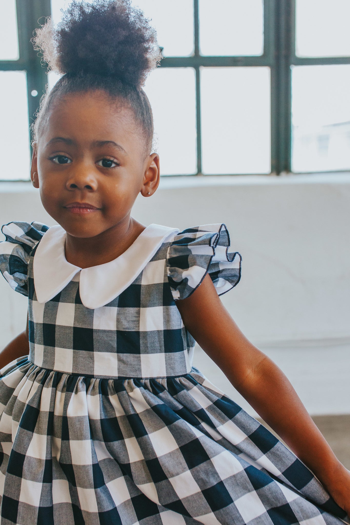 Little Girl's Navy Buffalo Plaid Dress with Peter Pan Collar