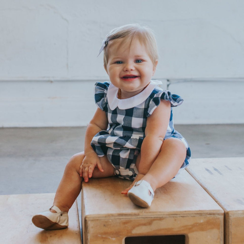 infant Girl s Navy Buffalo Plaid Bubble Romper with Peter Pan