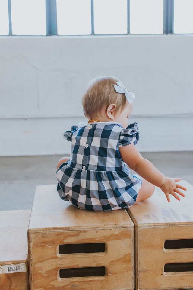 infant Girl s Navy Buffalo Plaid Bubble Romper with Peter Pan Collar