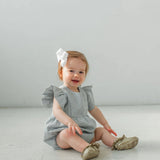baby girl's pale blue linen cotton flutter sleeve bubble romper