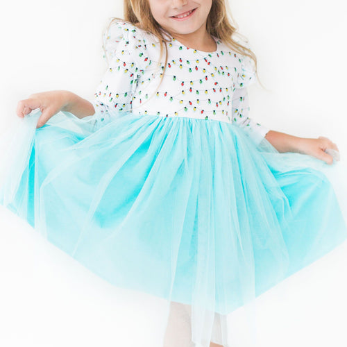 Little Girl's Cotton Christmas Light Flutter Sleeve Dress with Tulle Skirt