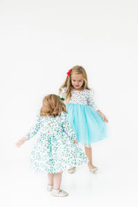 Little Girl's Cotton Christmas Light Flutter Sleeve Dress with Tulle Skirt