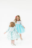 Little Girl's Cotton Christmas Light Flutter Sleeve Dress with Tulle Skirt