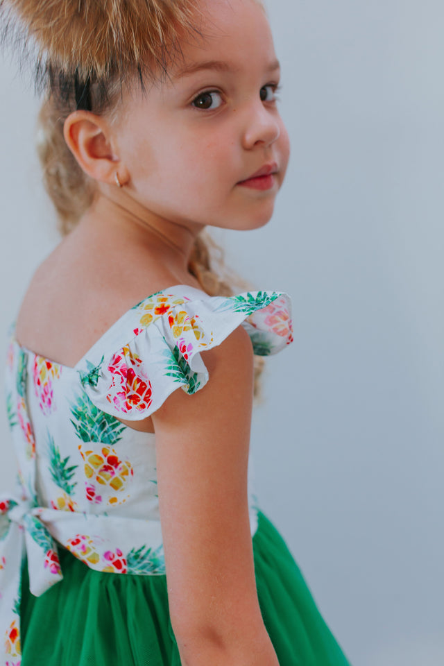 Little Girl s Pineapple Print Twirl Dress with Green Tulle Skirt cuteheads