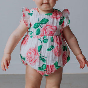 Infant Girl’s Pink and Green Boho Floral Print Double Gauze Bubble Romper