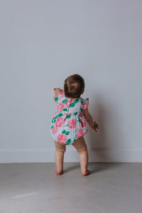 Infant Girl’s Pink and Green Boho Floral Print Double Gauze Bubble Romper
