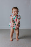 Infant Girl’s Pink and Green Boho Floral Print Double Gauze Bubble Romper