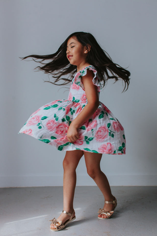 Little Girl's Pink Floral Double Gauze Cotton Twirl Dress
