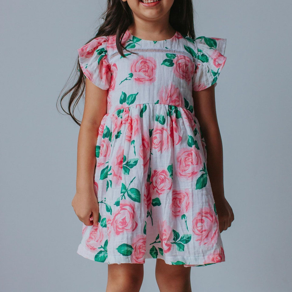 Little Girl's Pink Floral Double Gauze Cotton Twirl Dress