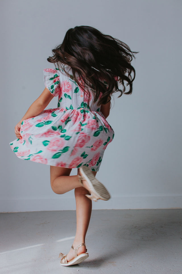 Little Girl's Pink Floral Double Gauze Cotton Twirl Dress