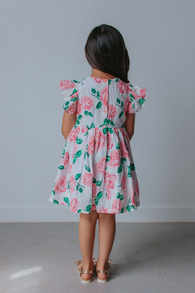 Little Girl's Pink Floral Double Gauze Cotton Twirl Dress