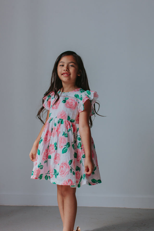 Little Girl's Pink Floral Double Gauze Cotton Twirl Dress