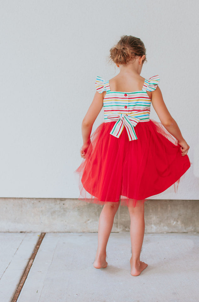 Little Girl's Rifle Paper Rainbow Stripe Cotton Dress with Tulle Skirt
