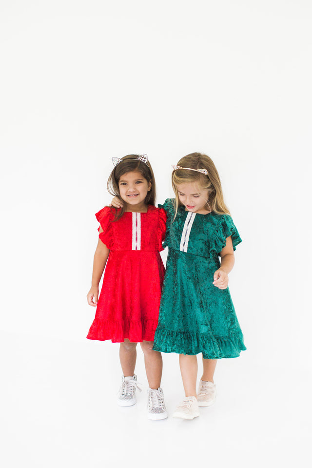 Girl's Green Crushed Velvet Christmas Dress