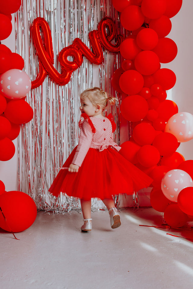 Little Girl’s Valentine’s Day Pink and Red Hearts Twirl Dress with Red Tulle Flutter Sleeves and Tulle Skirt