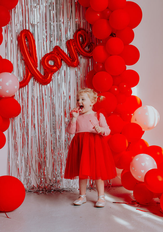 Little Girl’s Valentine’s Day Pink and Red Hearts Twirl Dress with Red Tulle Flutter Sleeves and Tulle Skirt