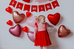 Little Girl’s Valentine’s Day Pink and Red Hearts Twirl Dress with Red Tulle Flutter Sleeves and Tulle Skirt