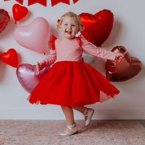 Little Girl’s Valentine’s Day Pink and Red Hearts Twirl Dress with Red Tulle Flutter Sleeves and Tulle Skirt