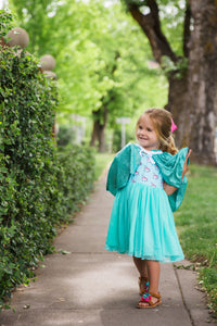 Little Girl's Turquoise Unicorn Print Ruffle Jersey Dress