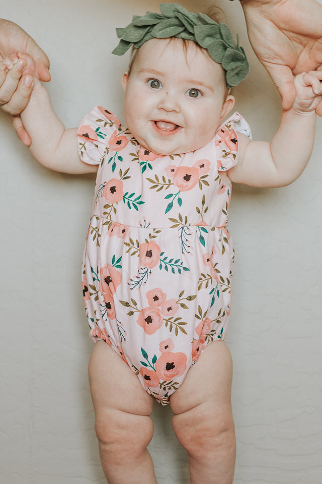 Infant Girl s Pink Boho Floral Print Cotton Bubble Romper
