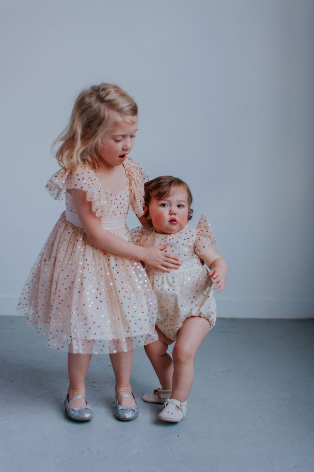 Little Girl’s Ivory Tulle and Gold Polka Dot Flutter Sleeve Dress