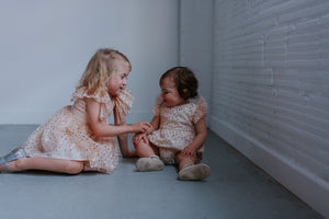 Little Girl’s Ivory Tulle and Gold Polka Dot Flutter Sleeve Dress