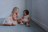 Little Girl’s Ivory Tulle and Gold Polka Dot Flutter Sleeve Dress