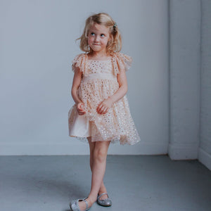 Little Girl’s Ivory Tulle and Gold Polka Dot Flutter Sleeve Dress