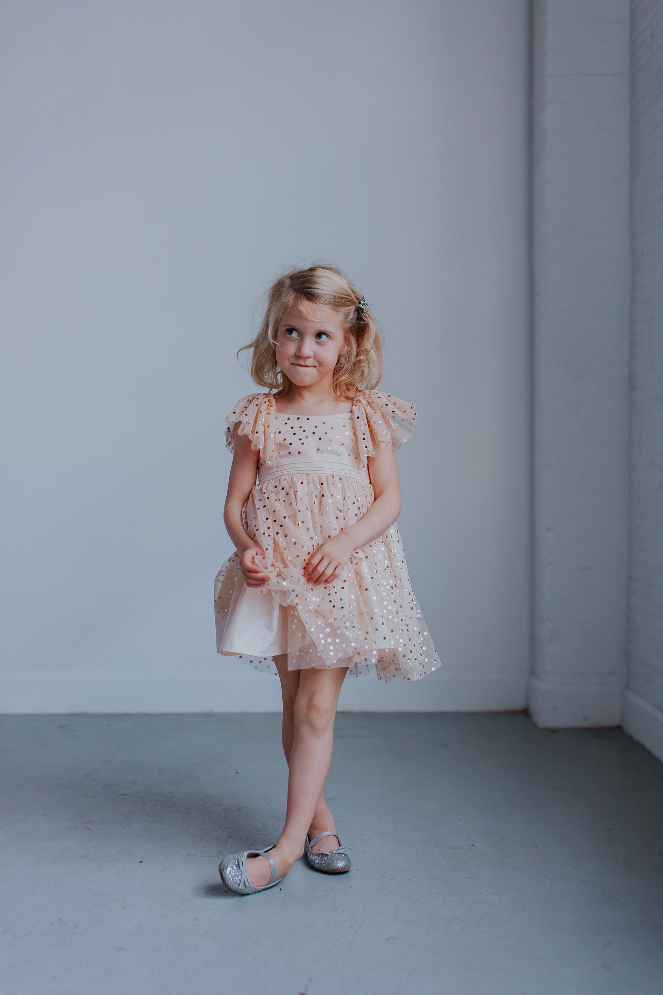 Little Girl’s Ivory Tulle and Gold Polka Dot Flutter Sleeve Dress