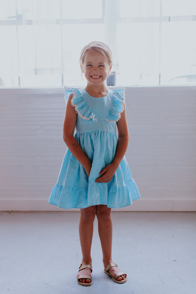 little girls blue gingham dress