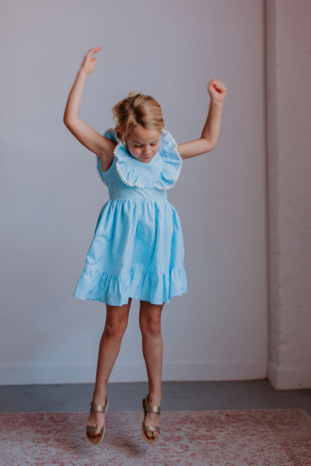 little girls blue gingham party dress