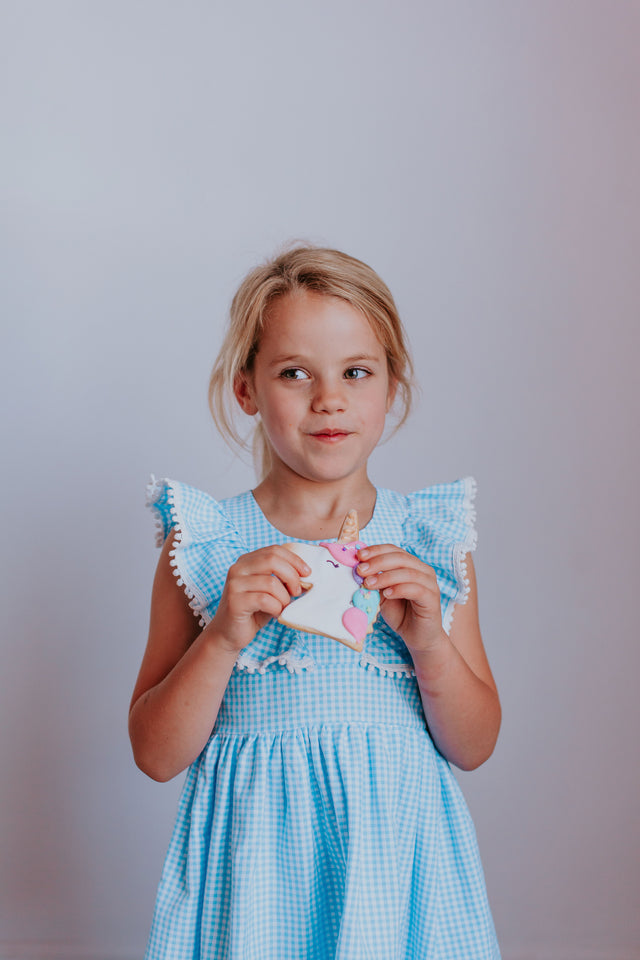 Little Girl s Blue Gingham Pinafore Dress with Pom Pom Trim cuteheads