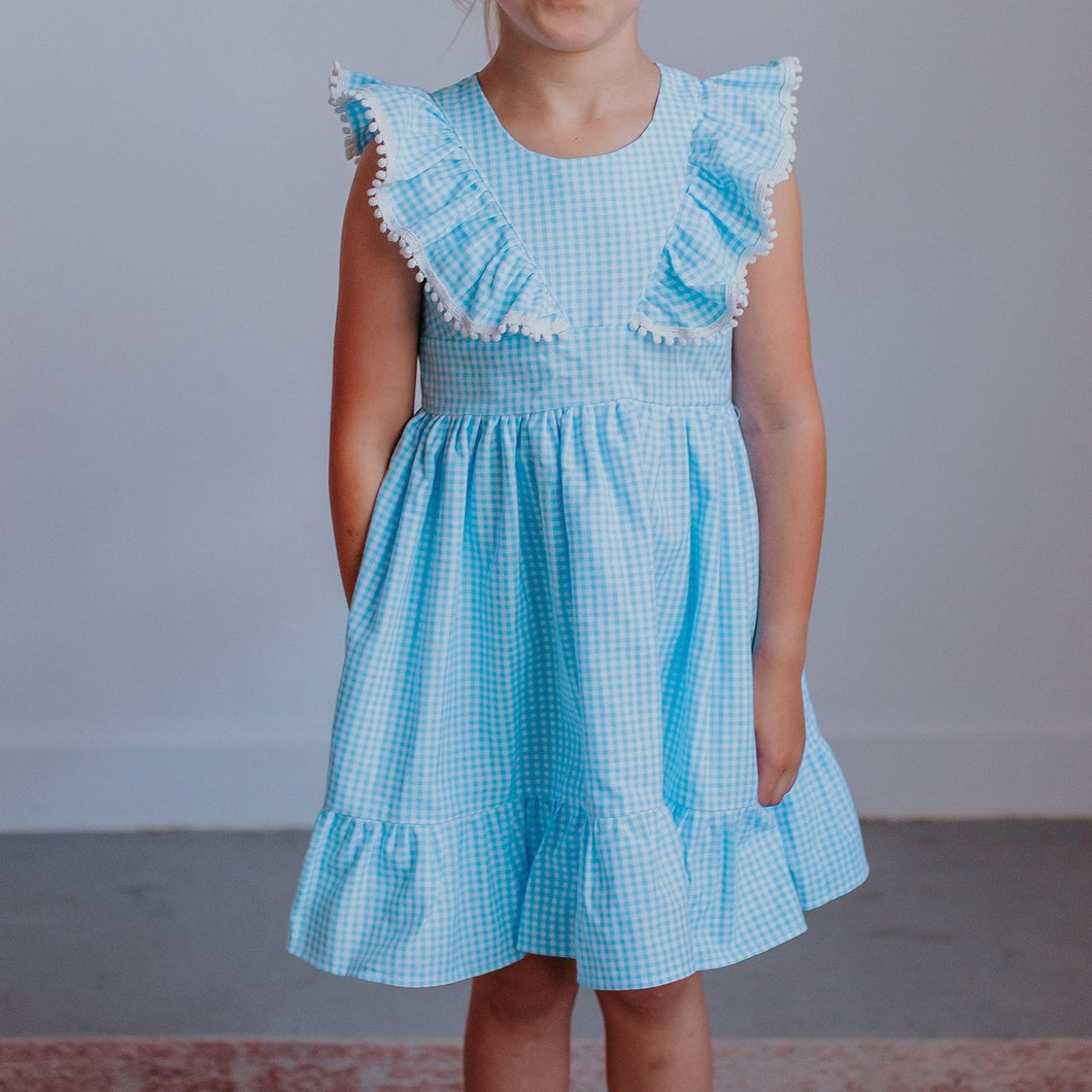 little girls blue gingham pinafore dress