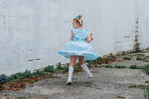 little girls blue gingham pinafore dress
