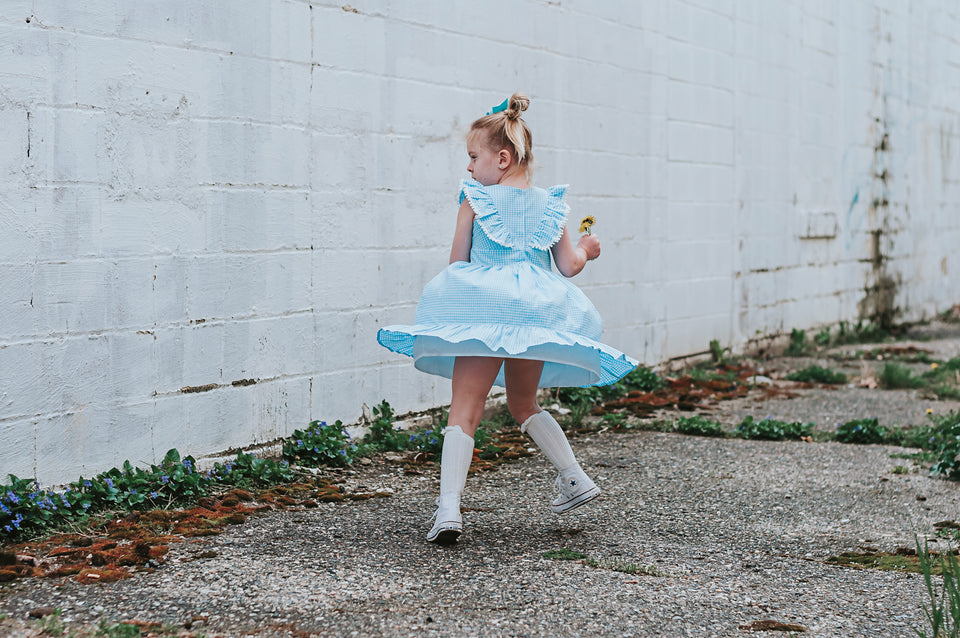 little girls blue gingham pinafore dress