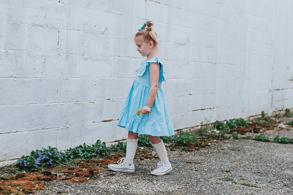 Little Girl s Blue Gingham Pinafore Dress with Pom Pom Trim cuteheads