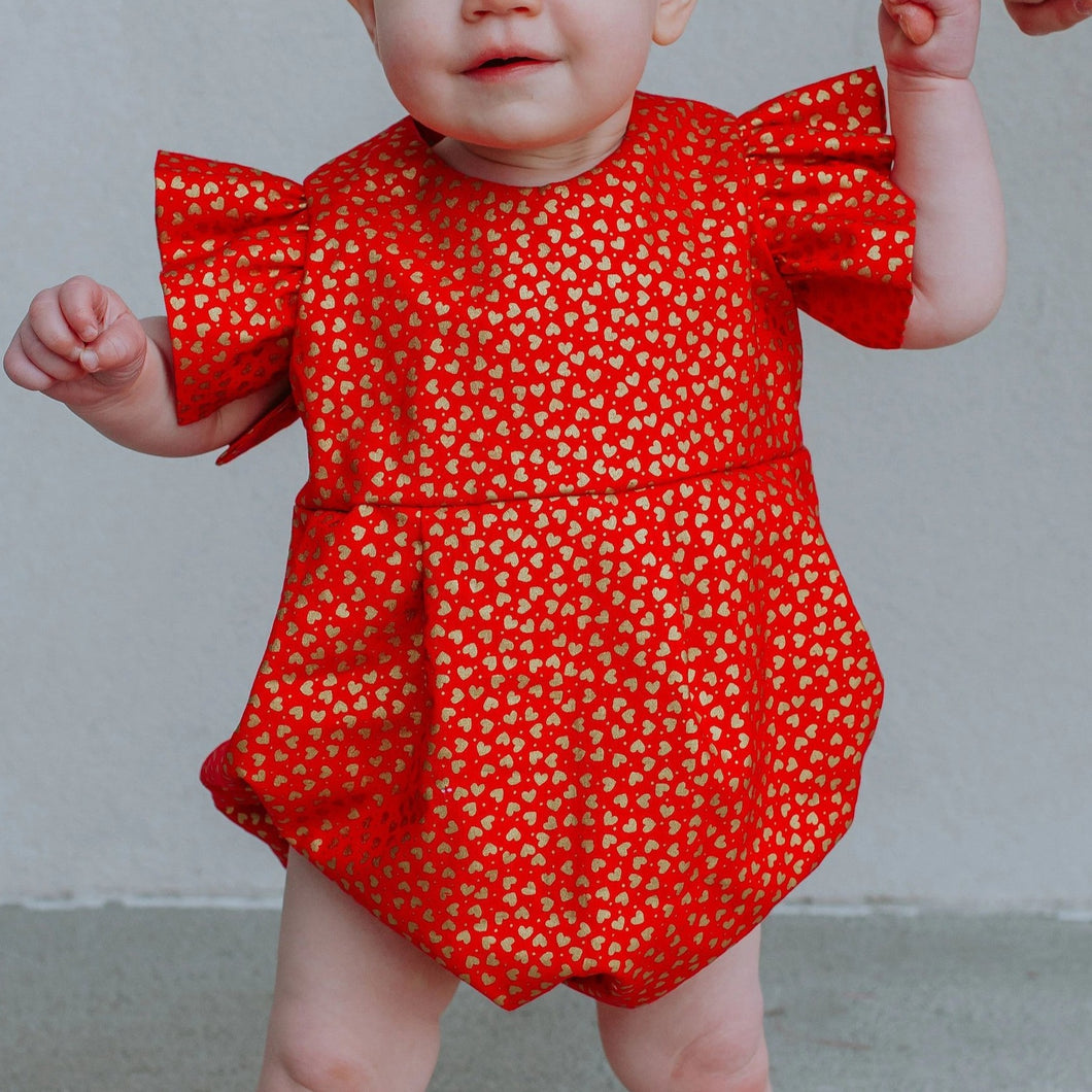 Infant Girls Red Gold Hearts Bubble Romper cuteheads
