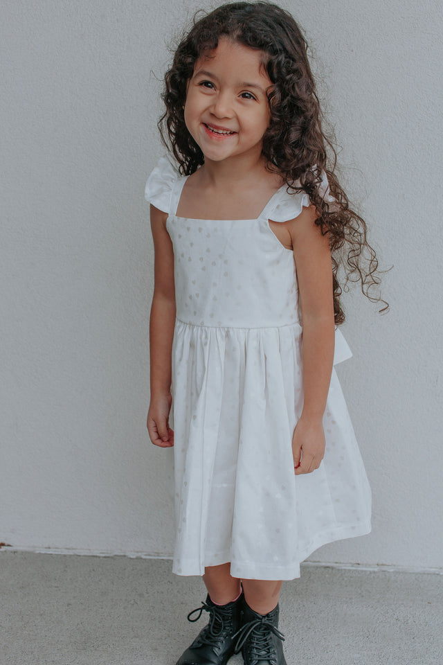 Little Girls White & Silver Hearts Ruffle Dress