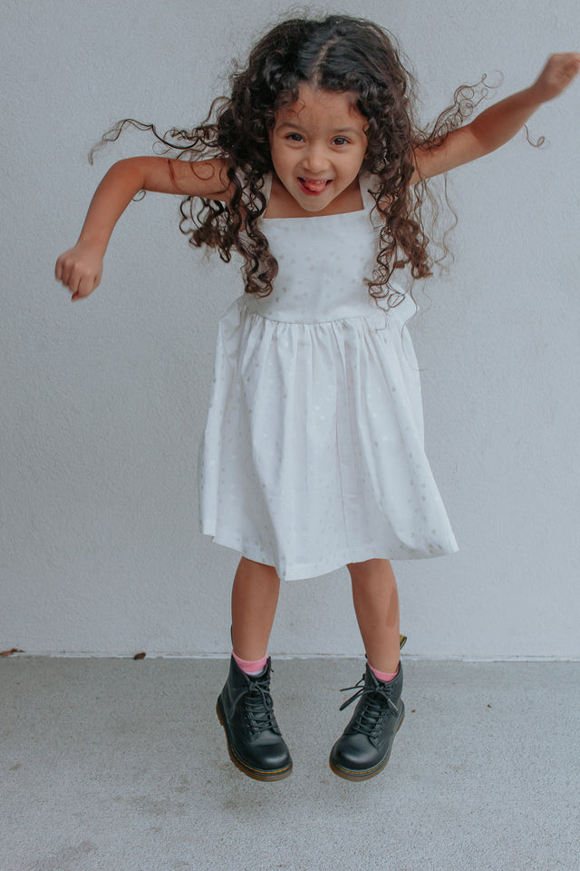 Little Girls White & Silver Hearts Ruffle Dress