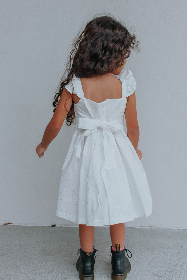 Little Girls White & Silver Hearts Ruffle Dress