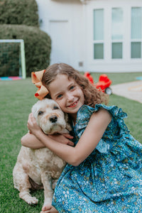 Little Girl's Blue and Yellow Rifle Paper Floral Print Ruffle Cotton Dress